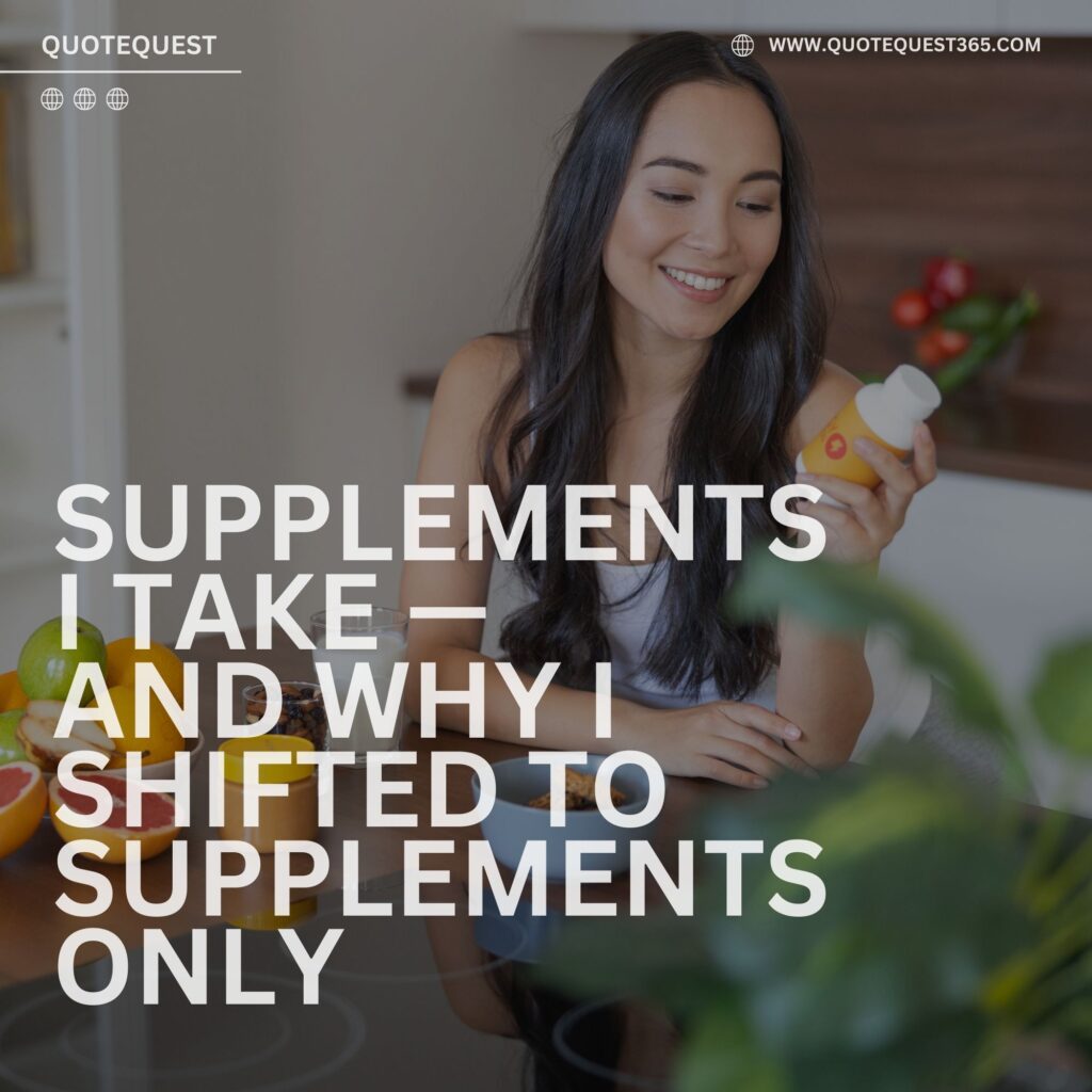 Smiling woman holding supplement bottle at table with fruit, cereal, and milk.